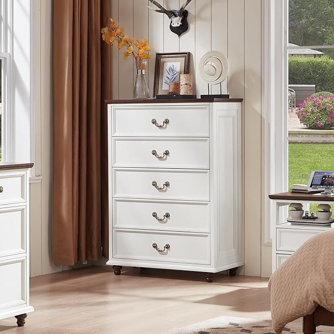 Farmhouse 5 Drawer Dresser for Bedroom, 45" Tall Rustic Chests of Drawers w/ 4 Solid Wood Feet, Mid Century Modern Wooden Closet Storage Dressers Organizer for Living Room, Hallway, White
