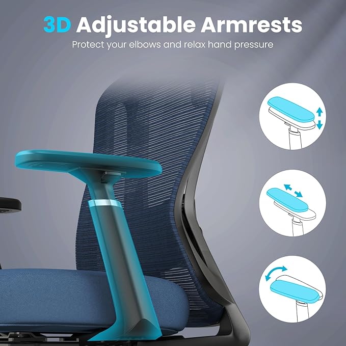 Farini Office Chair Ergonomic Desk Chair, High Back Computer Chair with Wheels, Home Sutdy Chair for Heavy People, Office Chair Adjustable Seat Depth, 3D Armrests and Adjustable Headrest, Blue