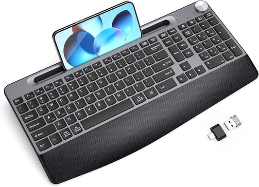 JOYACCESS Ergonomic Wireless Keyboard with Wrist Rest, Low-Profile,Phone Holder,2.4GHz Full Size Silent Cordless USB Computer Keyboard for Windows, Mac OS Desktop/Laptop/PC-Black Grey