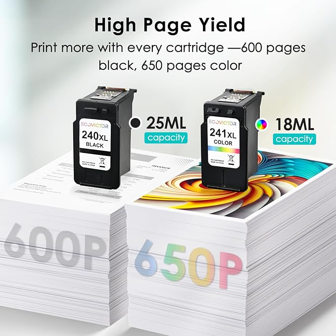 Remanufactured Ink Cartridge Replacement for Canon 240XL 241XL Combo Pack PG240 CL241 for PIXMA MG3620 TS5120 MG3520 MG3220 MG2120 MG4220 MX392 MX452 MX522 Printer (Black Color, 2 Pack)