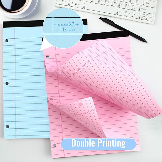 HAUTOCO 12 Pack 8.5 x 11 Legal Pads Colored Wide Ruled Notepads Perforated Writing Pads, 30 Sheets Per Notepad, 3-Hole Punched Paper, Writing Note Pads for School, Home, Office, Business