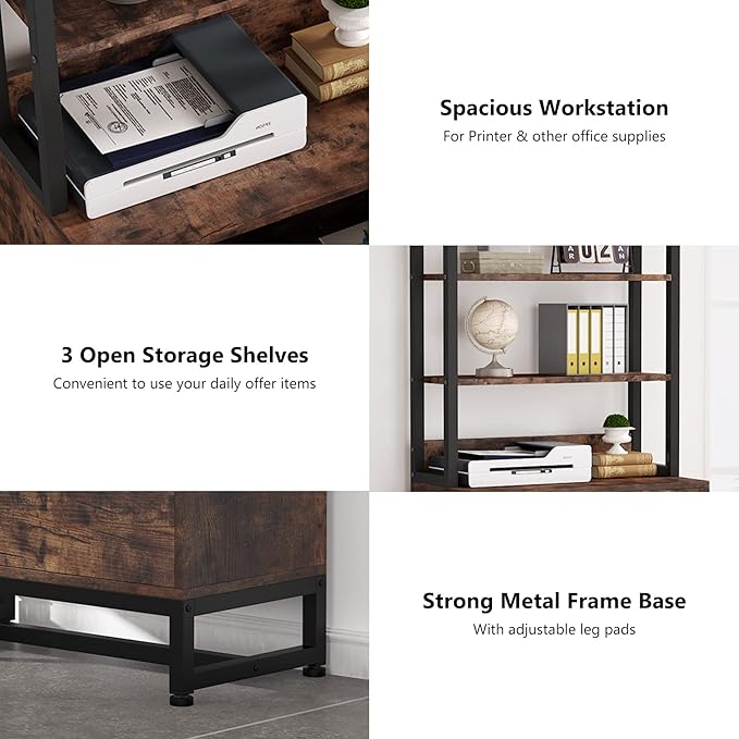 Tribesigns 2 Drawer Vertical File Cabinet with Lock & Bookshelf, Letter Size Large Modern Filing Cabinet Printer Stand with Open Storage Shelves for Home Office, Dark Brown