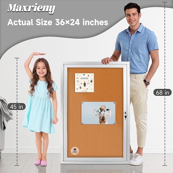 Lockable Outdoor Enclosed Bulletin Board, Weatherproof Cork Noticeboard with Locking Door, Wall-Mounted Aluminum Framed Display Case for Messages,36x24in (5xA4)