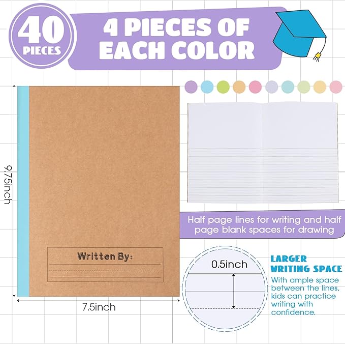 Henoyso 40 Pcs Primary Composition Notebook 9 3/4 x 7 1/2 Inch Kids Journal, Back to School Supplies, K-2 Primary Writing Notebook for Kids Student Draw and Write Story Journal (Colorful Macaron)