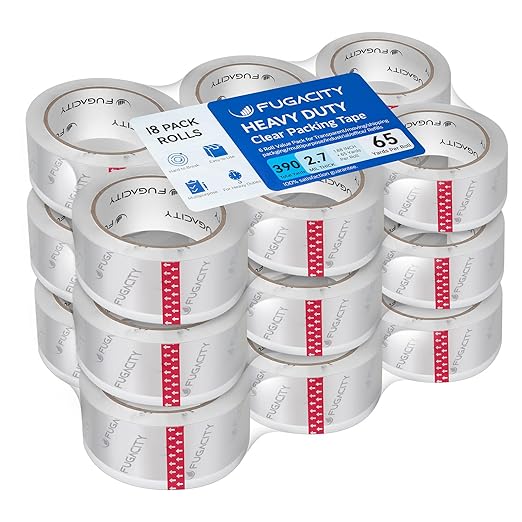 FugaCity Heavy Duty Clear Packing Tape Refills (18 Rolls), Packaging Tape for Moving Sealing, Moving Supplies Shipping Tape,2.7 Mil Thick, 1.88 in Wide,65 Yards Per Roll,Total 1170 Yards