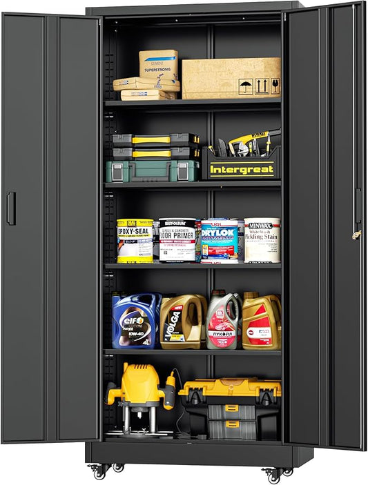 INTERGREAT Rolling Storage Cabinet, 73" Tall Lockable Tool Cabinet with Pegboard and Shelves, Heavy-Duty File Cabinet with Wheels for Garage, Basement, Warehouse, Black