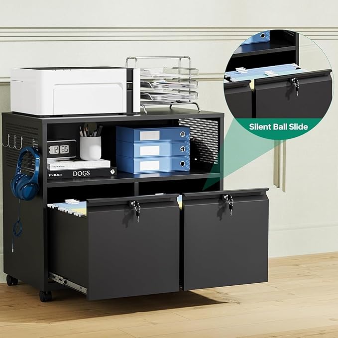 Letaya Mobile 2 Drawer File Cabinet with Lock, Metal Lateral Printer Stand Filing Storage Cabinets with Shelves for Home Office-A4/F4/Letter (Black)