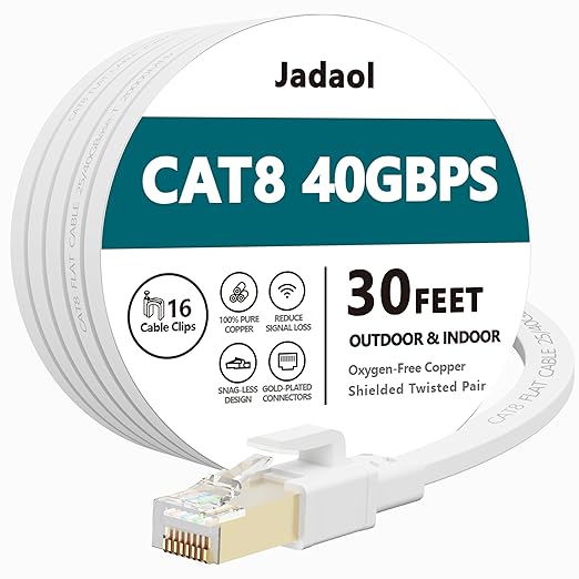 Jadaol Cat 8 Ethernet Cable 30 ft, 40Gbps 2000MHz Flat RJ45 S/FTP LAN Patch by Jadaol