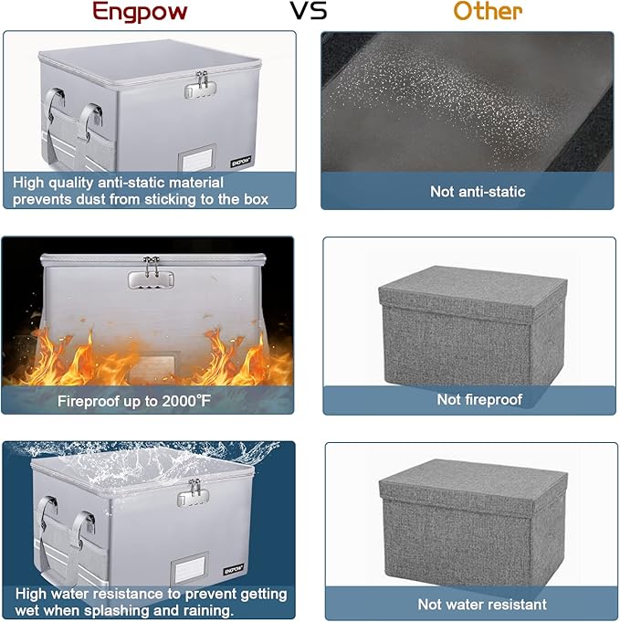 ENGPOW File Box with Lock, Fireproof Document Box with Zipper＆Pockets, Collapsible File Organizer Filing Storage Cabinet with Handle, Portable Home Office Safe for Hanging Letter/Legal Folder,Silver