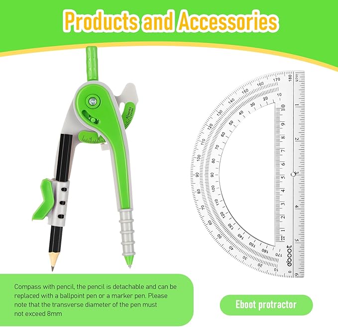 EBOOT Student Geometry Math Set, Drawing Compass and 6 Inch Clear Swing Arm Protractors 180 Degree Math Protractor (Green)