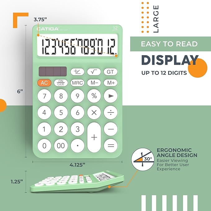 CATIGA 12 Digit Desktop Calculator Basic Desk Calculator with Large LCD Display, Big Buttons, 4 Function, Solar and Battery Dual Power, for Office, School, Home, SD-1292 Mint
