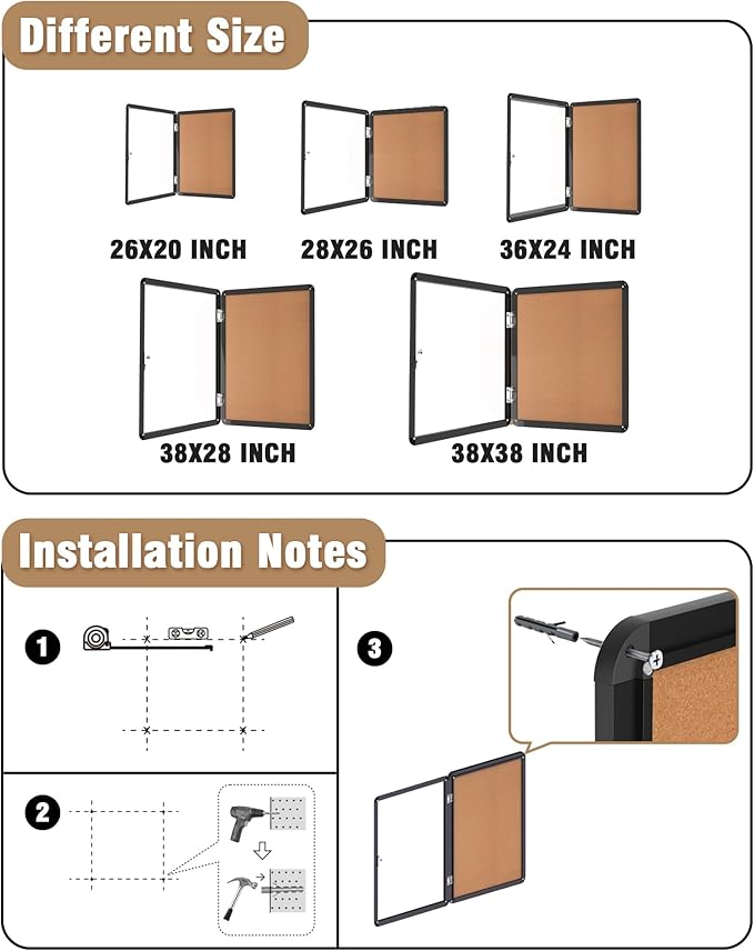 38"x28" Enclosed Bulletin Board, Lockable Weather-Resistant Aluminum Cork Noticeboard for School & Office, Black Frame w/Cork