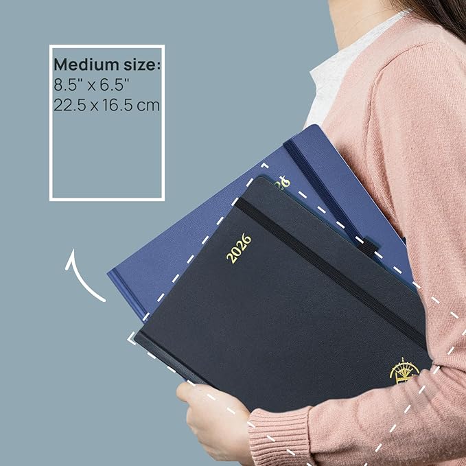 POPRUN 2026 Planner (Medium Size 8.5''x 6.5'' Hardcover) - Daily Weekly and Monthly Calendar Agenda 2026 Appointment Book with Hourly Time Slots, Monthly Tabs, 100 GSM - Midnight Green