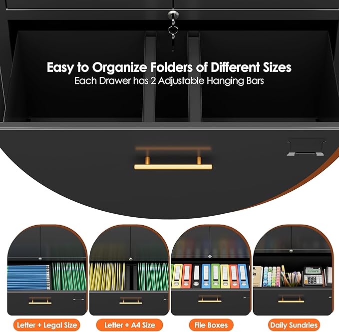 Aobabo Metal 1 Drawer Office File Cabinet with Lock and 2 Doors, Office Steel Files Cabinet with Wheels, Legal/Letter A4 Size, Assembly Required, Black