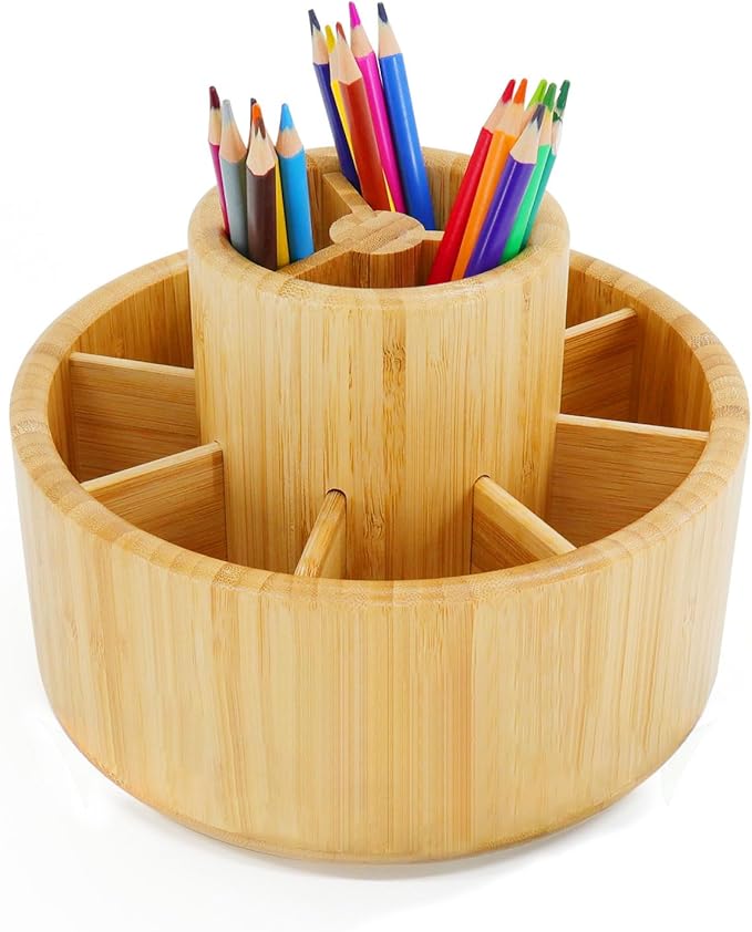 Utoplike Bamboo Rotating Art Supply Desk Organizer, Pencil Holder Organizer, Desktop Storage Caddy for Pen, Colored Pencil, Crayon, Paint Brushes, Art Studio&Office
