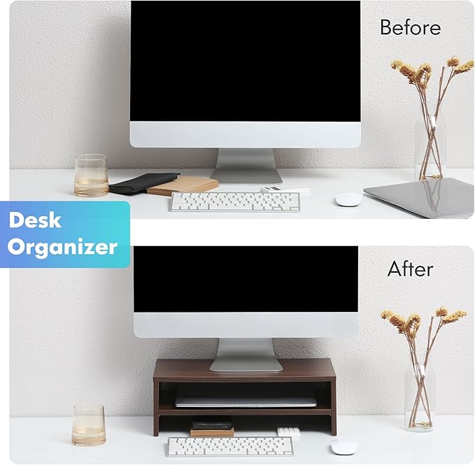 FITUEYES Monitor Stand - 2 Tier Computer Monitor Riser Shelf, Wood Desktop Stand for Laptop Computer Screen, Desk Organization, Office Supplies