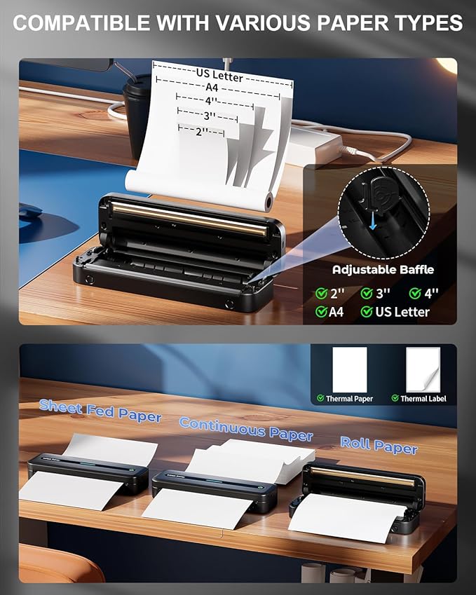 COLORWING Portable Printers Wireless for Travel, 300DPI Mini Compact Inkless Printer, Thermal Bluetooth Printer Compatible with Android and iOS Smartphone & Tablet & Laptop - Black