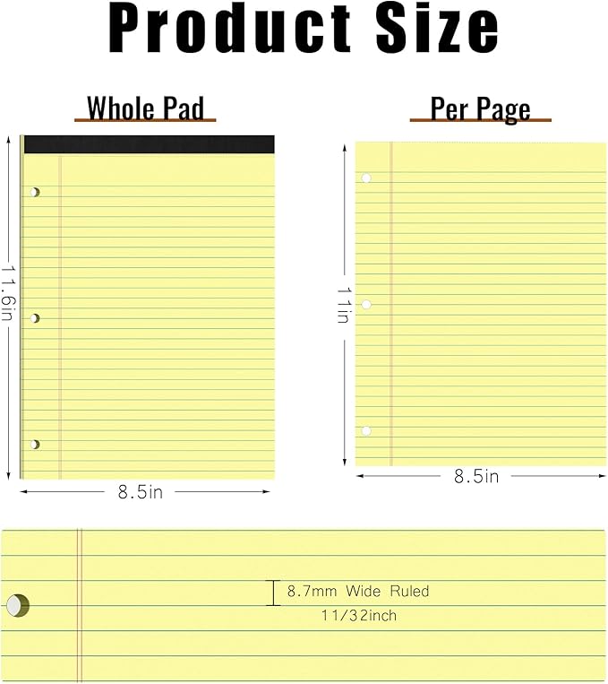 HAUTOCO 8.5 x 11 Legal Pads 12 Pack Yellow Wide Ruled Lined Writing Note Pads Perforated Notepad, 30 Sheets Per Notepad, 3-Hole Punched Paper for School, Office