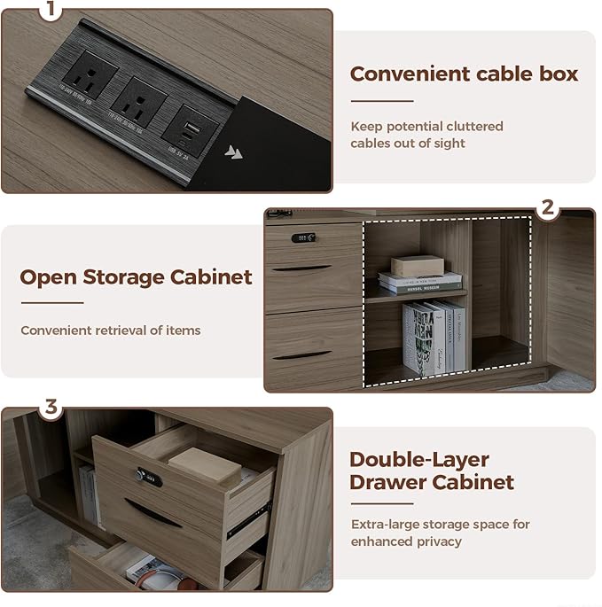 Executive Office Desk with Reversible Cabinets, Lockable Drawers, Cable Box & Privacy Panel – Modern Wood Grain Desk for Home Office or Business Use(Black Walnut,63" L*32" W*30" H)