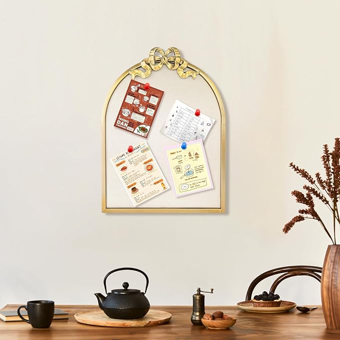 Vintage Arched Linen Cork Board with Gold Bowknot – Decorative Bulletin Board for Walls, Iron Frame Pin Board for Notes, Photos & Reminders, Elegant Vision Board for Home & Office 16"x21"