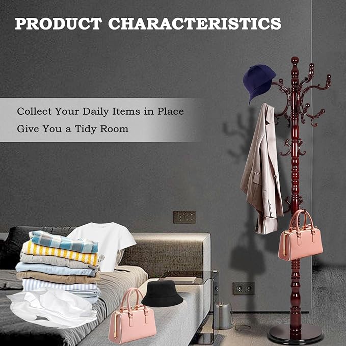 Coat Racks Free Standing with 14 Hooks, Natural Wood Coat Rack with Solid Round Base, Adjustable Height Coat Racks, Easy Assembly for Hallway, Bedroom and Office (Reddish brown)