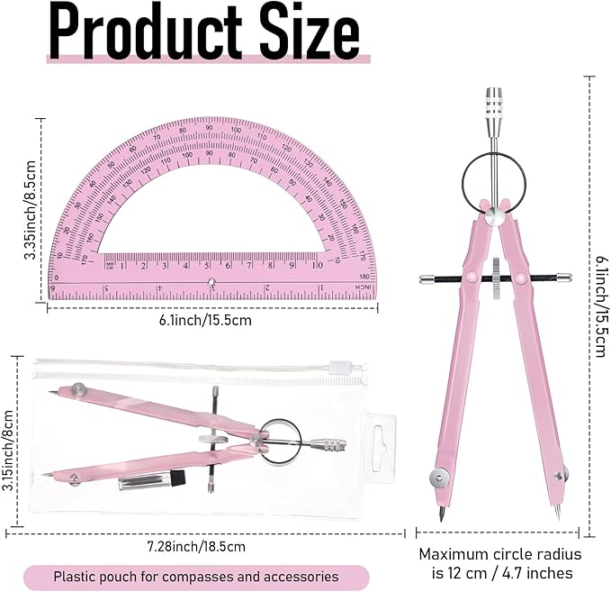 EBOOT Student Geometry Math Set, Drawing Compass and 6 Inch Clear Swing Arm Protractors 180 Degree Math Protractor(Pink and Pink)