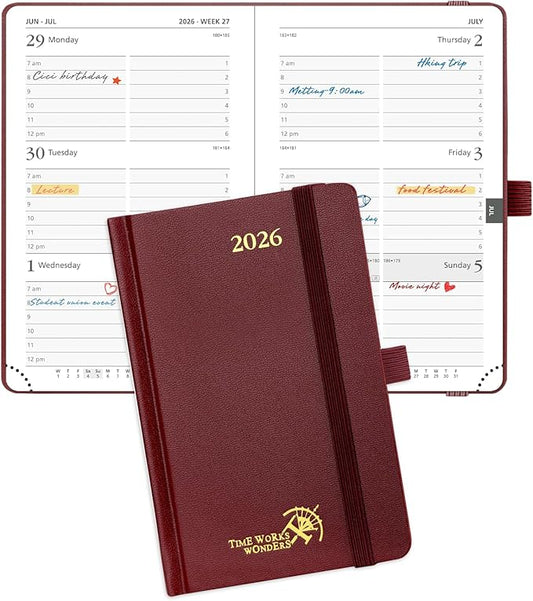 POPRUN 2026 Planner (Pocket Size 4''x 6.25'' Hardcover) - Small Calendar for Purse with Hourly Schedule & Vertical Weekly Layout, Monthly Calendars, 100 GSM - Burgundy