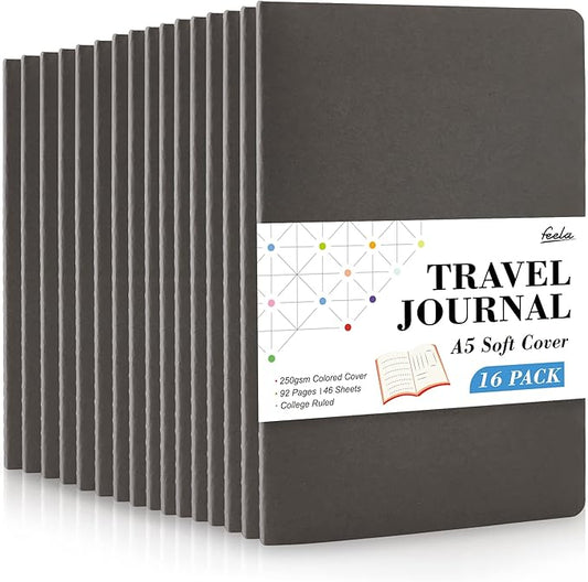 feela 16 Pack Soft Cover Journal Bulk, Lined Notebooks College Ruled for Work for Women Girl Writing, Blank Travel Journal Note Taking Notebook School Business Supplies, 8.2” x 5.5”, A5, Gray