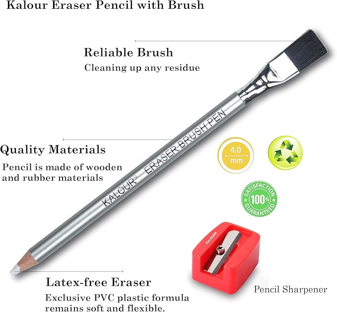 KALOUR Detail Eraser Pencil - 6pc Eraser Pencils with Brush and 2pc Sharpener,Erasing Small Details or add Highlights for Sketching, Charcoal Drawings. Fine Detail Eraser for Beginners & Artists