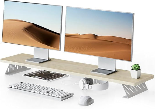 Fenge Dual Monitor Stand Riser, 42.5 Inch Desk Top Shelf for 2 Monitors, Computer Stands for Desk, Wood & Steel Desktop Riser for Laptop, PC, Printer