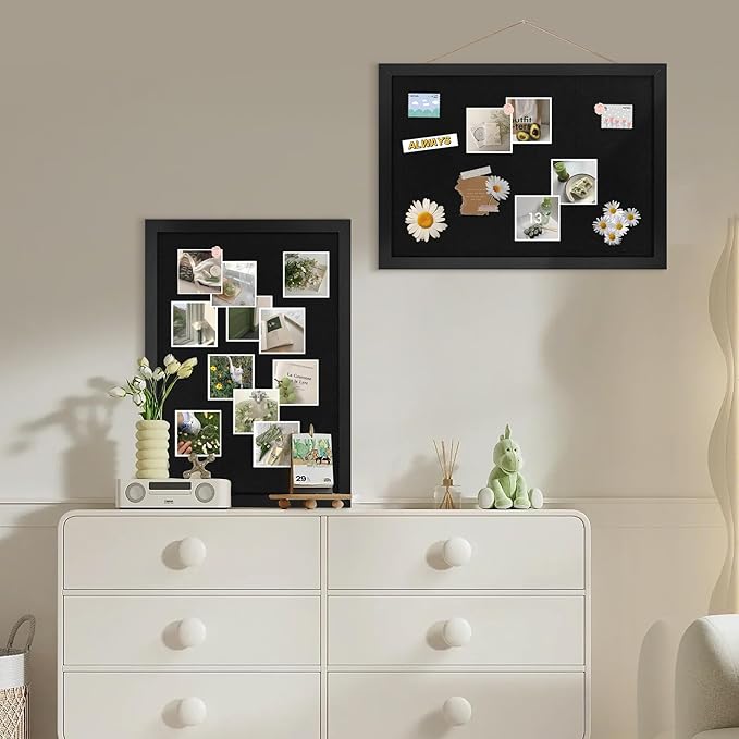 Black Cork Board Bulletin Board 16.7" x 11", 2-Pack Small Linen Corkboards with Frame for Walls, Cute Picture Display Pin Board Vision Board for Room School Office Bedroom 25 Pushpins