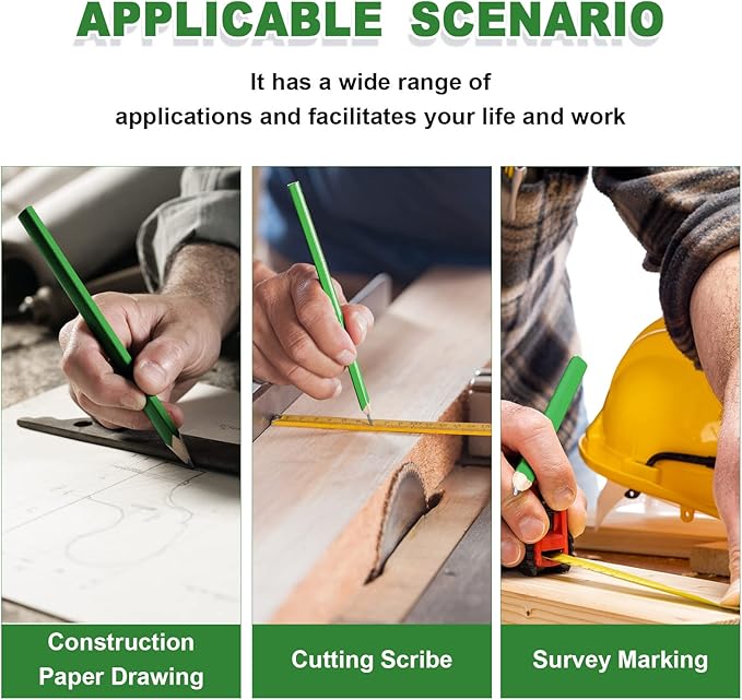 Honoson 200 Pcs Flat Construction Pencils with Printed Ruler Wood Graphite 2 Pcs Carpenter Pencil Sharpener for Woodworking Marking Tool(Green)