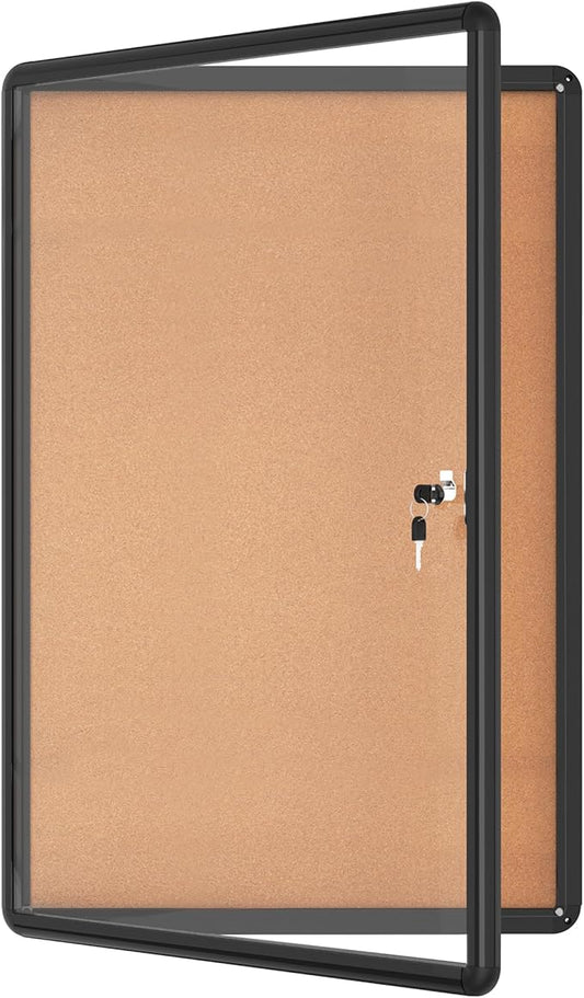 36"x24" Enclosed Bulletin Board, Lockable Weather-Resistant Aluminum Cork Noticeboard for School & Office, Black Frame w/Cork