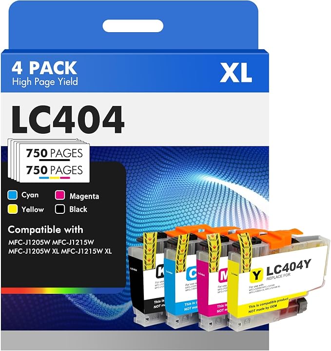 LC404XL LC404 Ink Cartridges for Brother Printer 404XL LC 404 XL for MFC-J1205W MFC-J1215W MFC J1205W J1215W - 4 Pack High Yields Black Cyan Magenta Yellow