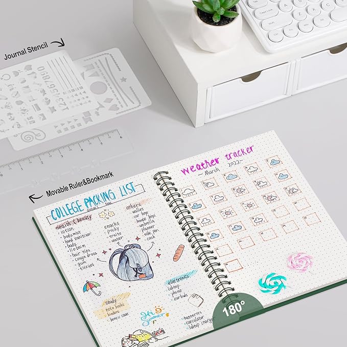 AHGXG Bullet Dotted Journal - Dot Grid Spiral Notebook A5, 160 Pages, 100 GSM Thick Paper, Waterproof Plastic Cover Journals for Bullet Journaling, Sketching, 5.7" x 8.3", Green