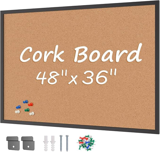 Board2by Cork Board Bulletin Board 36 x 48, Black Wood Framed 4x3 Corkboard, Office Board for Wall Cork, Large Wall Mounted Notice Pin Board with 18 Push Pins for School, Home & Office
