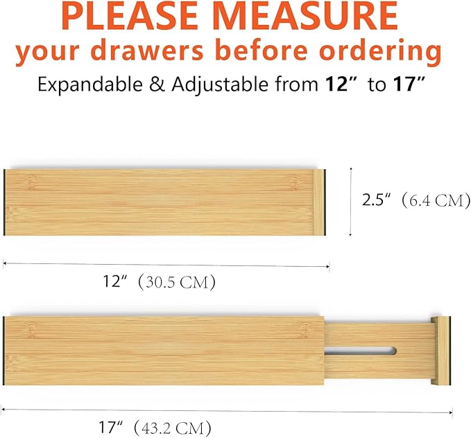 4 Pack Bamboo Drawer Dividers, Adjustable Length from 12 Inch to 17 Inch, Expandable Kitchen Drawer Organizer, Drawer Organization Separators for Clothes, Kitchen, Bedroom, Dresser, Office (Beige)