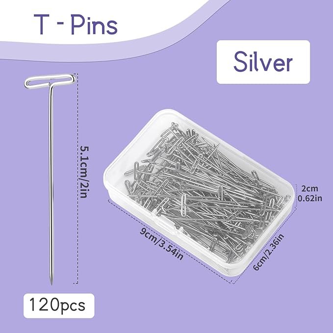 120 Pcs 2 Inch T-Shape Sewing Pins with Plastic Clear Box - Stainless Steel T-Pins for Wig Heads & Knitting Sewing Craft (51mm/2inch)