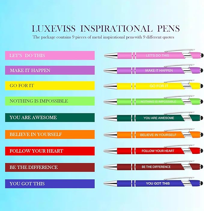9 Pcs Inspirational Pens Bulk - Motivational Ink Ballpoint Pen with Quotes Stylus Tip Nurse Gifts for School Coworkers Office Supplies Black Ink