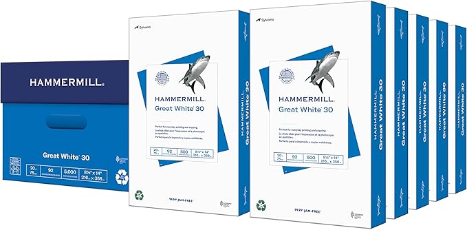 Hammermill Printer Paper, Great White 30% Recycled Paper, 8.5 x 14 - 10 Ream (5,000 Sheets) - 92 Bright, Made in the USA, 086704C