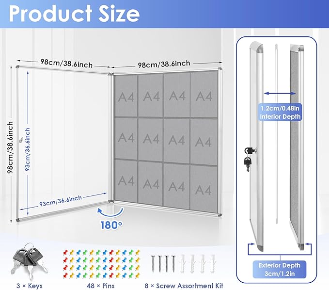 SWANCROWN Lockable Felt Bulletin Indoor Display Case Big Message Center Board with Aluminium Frame,38x38 inches (12xA4)