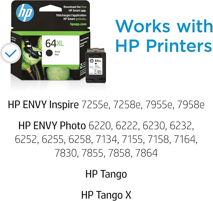 HP 64XL Black High-yield Ink Cartridge for HP Printers | Works with Printer Series: ENVY Inspire 7950e; ENVY Photo 6200, 7100, 7800; Tango | Eligible for Instant Ink | N9J92AN