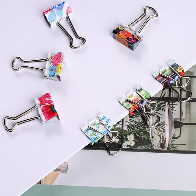 Ufmarine 60 Pcs Small Binder Clips3/4 Inch, Floral Cute Binder Clips, Small Paper Clips for Office, Standard Size