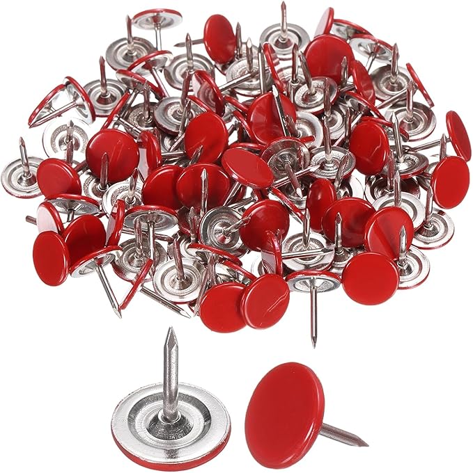 uxcell 150Pcs Upholstery Tacks, 11mmx13mm Flat Head Thumb Tack Decorative Furniture Nails Push Pins for Furniture Sofa Headboards, Red