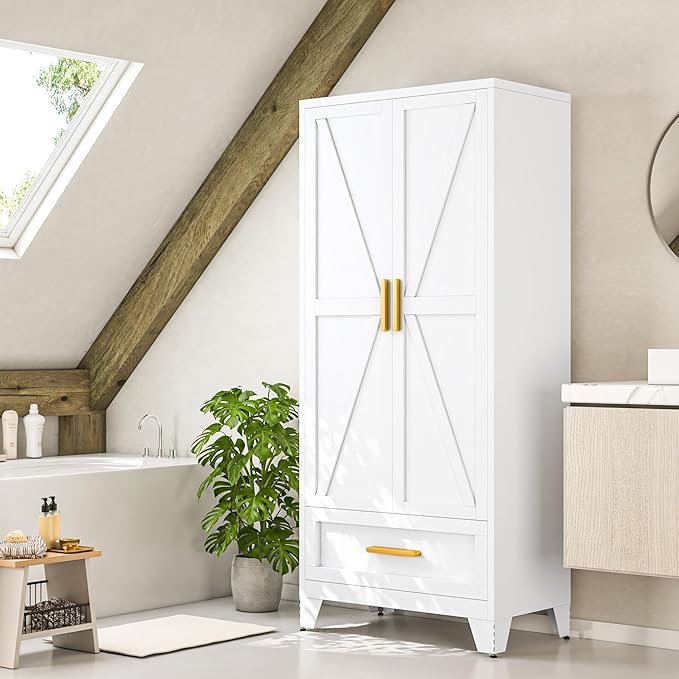 Metal Wardrobe Cabinet,71 Armoire Wardrobe Closet with Drawers and Hanging Rod,Metal Armoire with Adjustable Shelves for Closet,Bedroom,Farmhouse Storage Cabinet with Drawer(White)