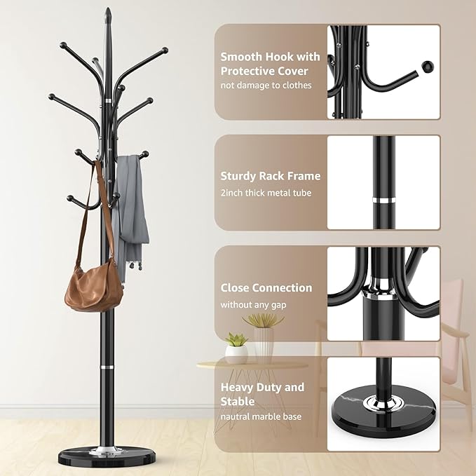 Heavy Duty Coat Rack with Marble Base, Freestanding Hall Coat Tree with 12 Hooks and 3 Adjustable Sizes, Metal Coat Rack Stand for Entryway, Bedroom, Office Hanging Purses, Coats, Scarves, Hats