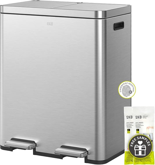 EKO Edison Dual Trash Can for Recycling and Trash, 8+8 Gallons Kitchen Garbage Can with Dual Removable Inner Liners, Independent Lids and Pedals, Matte Stainless Steel