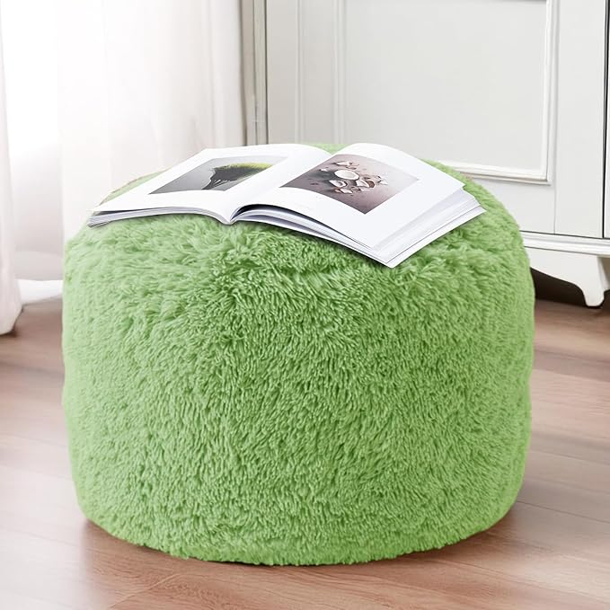 HIGOGOGO Round Stuffed Pouf Ottoman, Long Faux Fur Poufs with Foam Chunk Filling, Fluffy and Furry Pouf Foot Stool Storage Ottoman, 20 X 15 Floor Poufs Foot Rest for Living Room, Green