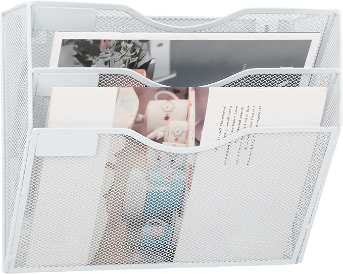 EASEPRES 3 Pocket Mesh Hanging Wall File Organizer, Wall Mounted Mail Paper Document Folder Holder, Clipboard Storage Organization Magazine Rack with Nametag Label for Office Home School, White