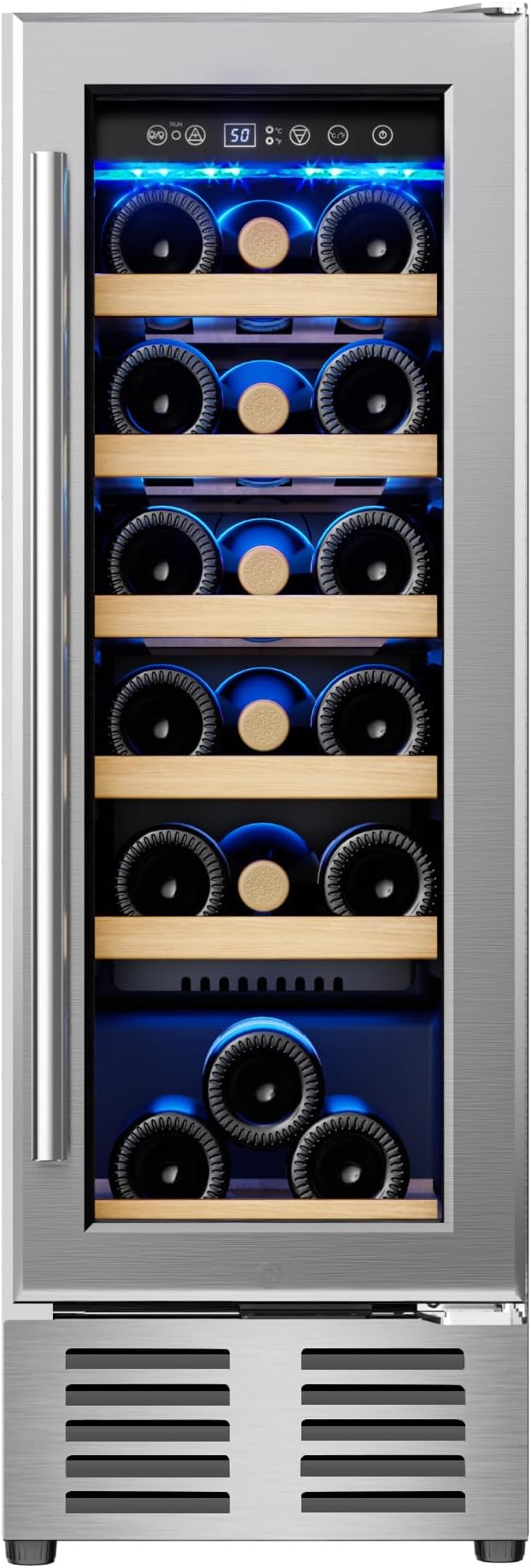 EUHOMY 12 Inch Wine Cooler Refrigerator, Wine Fridge 18 Bottles, Built-in or Freestanding with Double-Layer Tempered Glass Door, Mini Fridge with Quiet and Temperature Memory Function